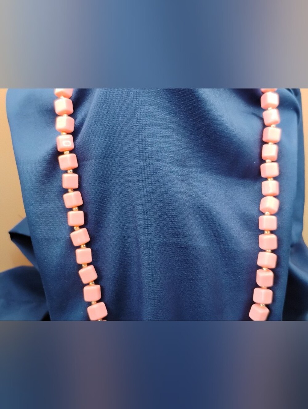 Vintage, Soft Pink, Square Acrylic Beaded Necklace Gold colored Spacers, 23 In, - Picture 5 of 5